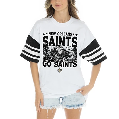 Women's Gameday Couture White New Orleans Saints Contrast Mesh Heritage Stripe Oversized T-Shirt