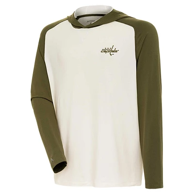 Men's Antigua Cream/Olive Washington Capitals Intrepid Sand Raglan Long Sleeve Hoodie T-Shirt