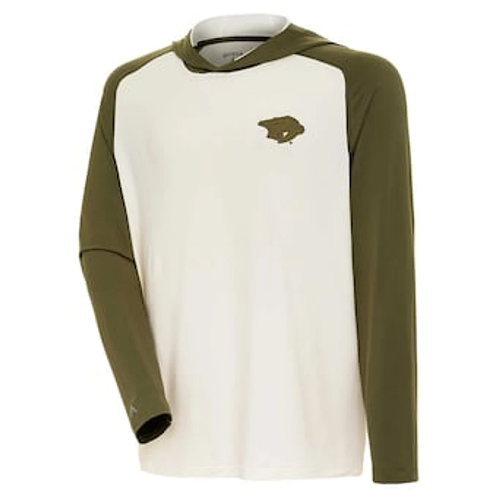 Men's Antigua Cream/Olive Nashville Predators Intrepid Sand Raglan Long Sleeve Hoodie T-Shirt