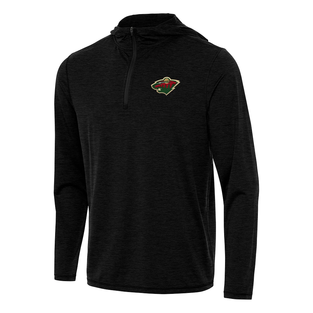 Men's Antigua Heather Black Minnesota Wild Tidy Quarter-Zip Hoodie