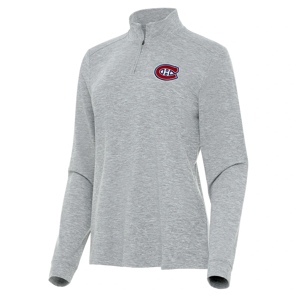 Women's Antigua Heather Gray Montreal Canadiens Mentor Quarter-Zip Mock Long Sleeve Top