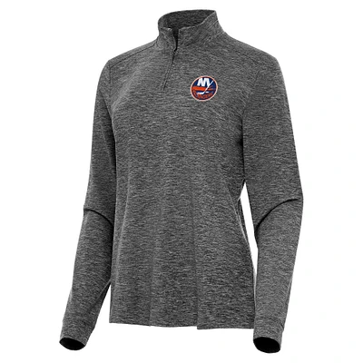 Women's Antigua  Heather Black New York Islanders Mentor Quarter-Zip Mock Long Sleeve Top