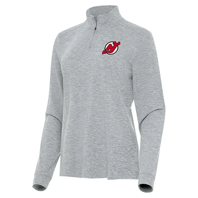 Women's Antigua  Heather Gray New Jersey Devils Mentor Quarter-Zip Mock Long Sleeve Top