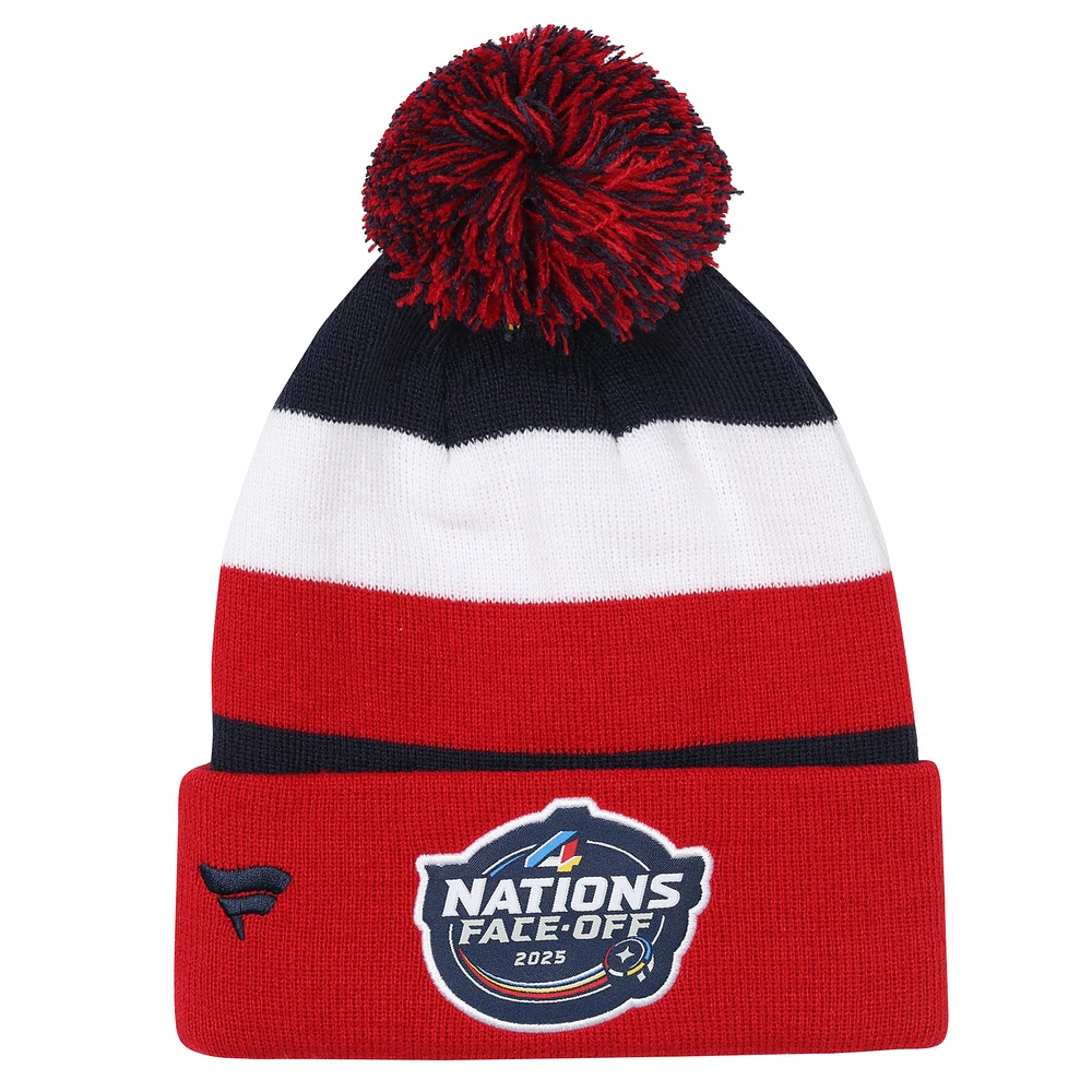 Youth Fanatics Red/Navy USA 2025 4 Nations Face-Off Cuffed Knit Hat with Pom