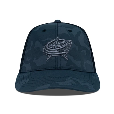 Men's Levelwear Black Columbus Blue Jackets Clash Nightfall Blackout Patch Structured Mesh Flex Hat