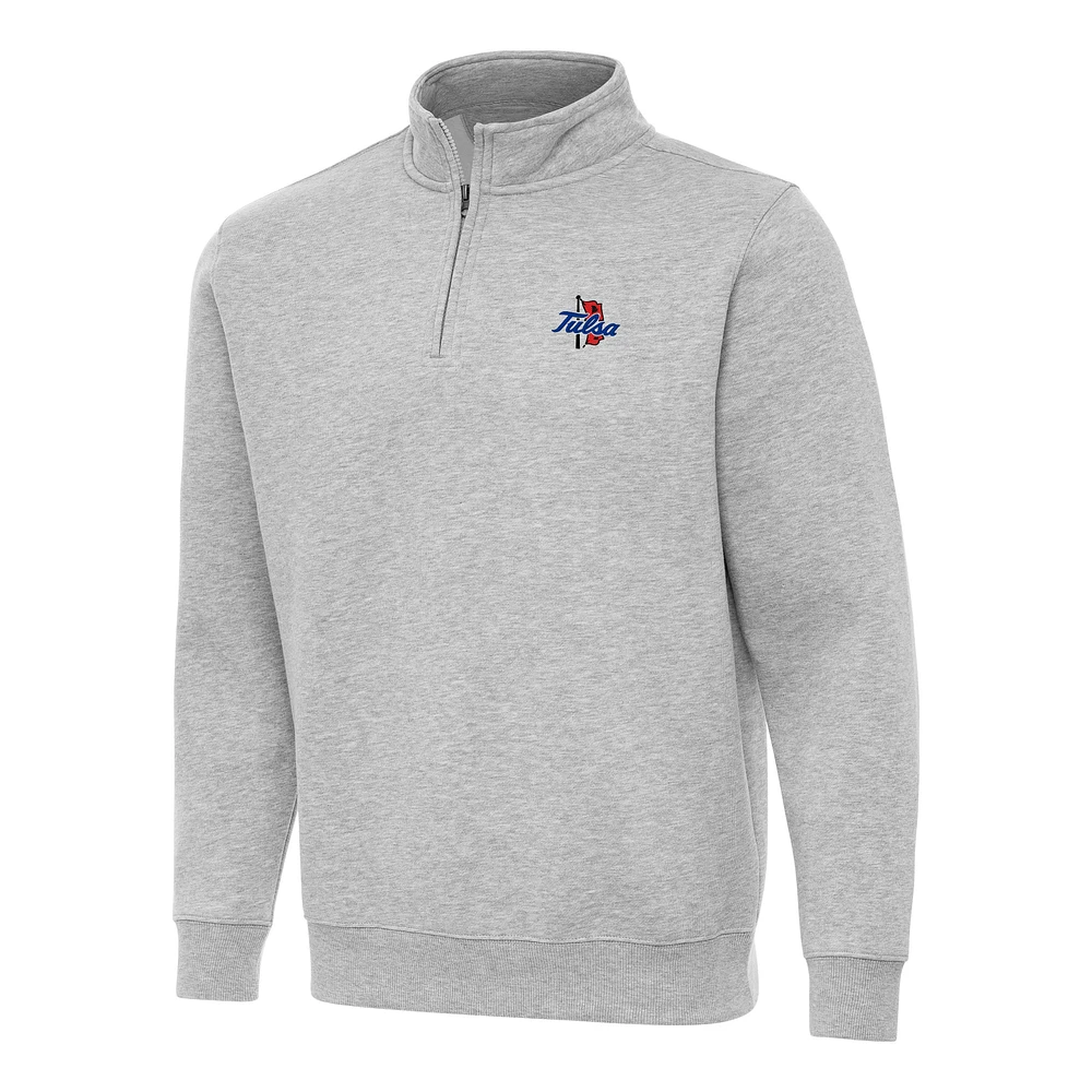 Men's Antigua Heather Gray Tulsa Golden Hurricane Victory Quarter-Zip Mock Sweatshirt