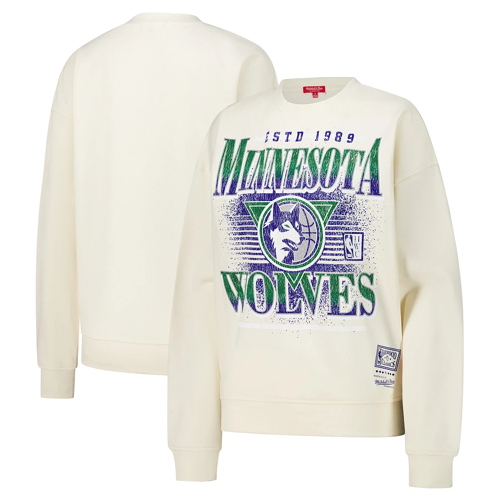 Women's Mitchell & Ness Cream Minnesota Timberwolves Oversprayed Pullover Sweatshirt