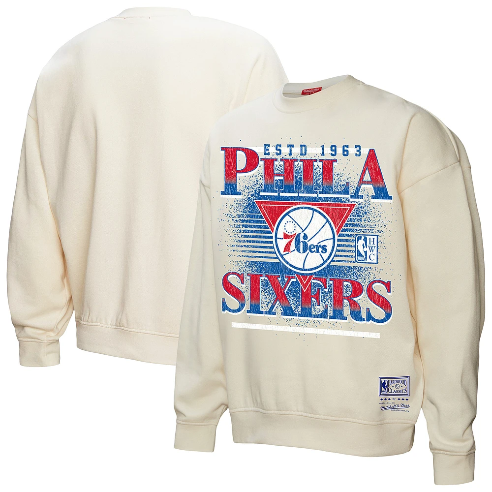 Women's Mitchell & Ness Cream Philadelphia 76ers Oversprayed Pullover Sweatshirt