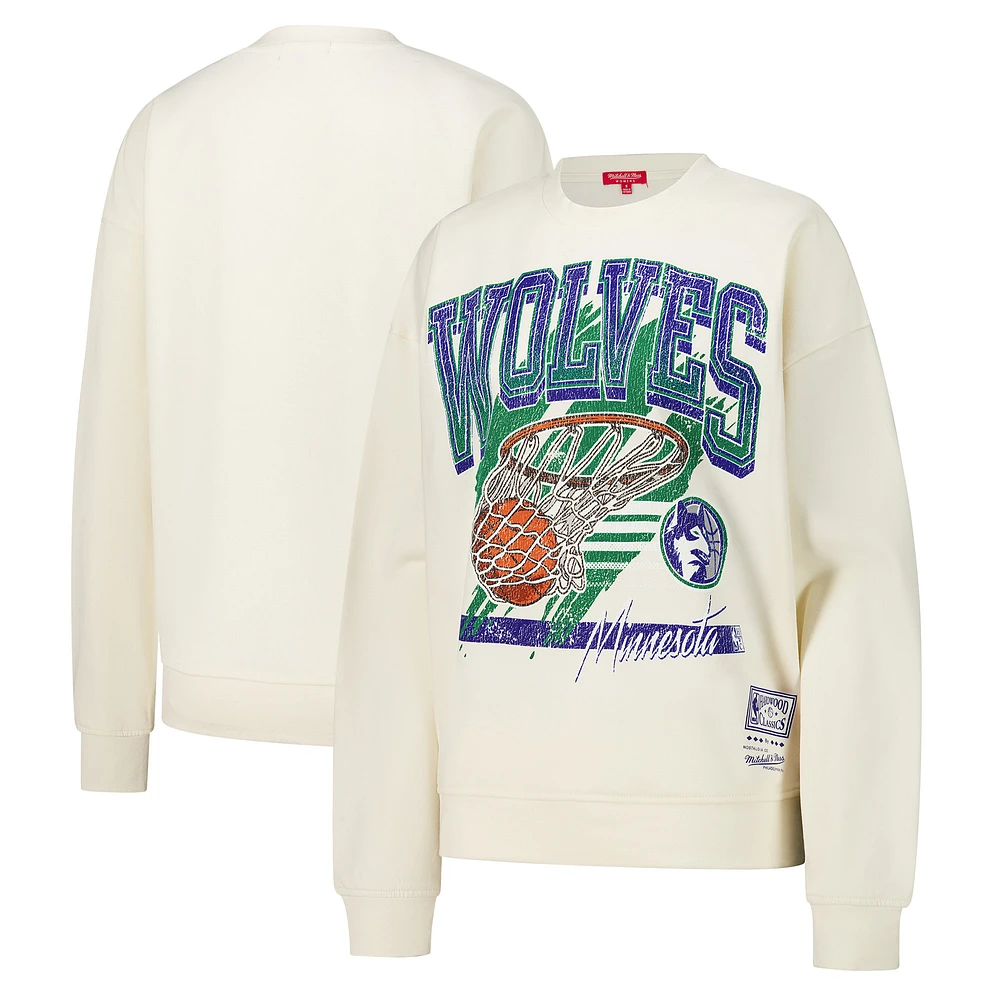 Women's Mitchell & Ness Cream Minnesota Timberwolves Brush Bucket Pullover Sweatshirt