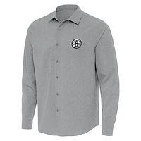 Men's Antigua Gray Brooklyn Nets Exposure Woven Long Sleeve Button-Up Shirt