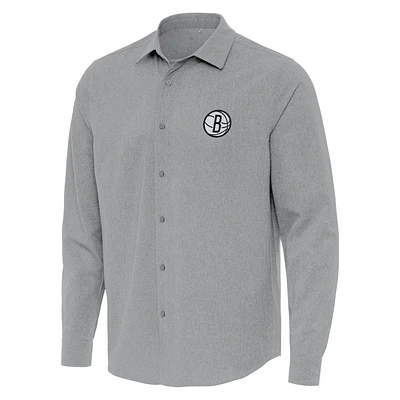 Men's Antigua Gray Brooklyn Nets Exposure Woven Long Sleeve Button-Up Shirt