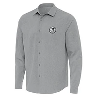 Men's Antigua Gray Brooklyn Nets Exposure Woven Long Sleeve Button-Up Shirt