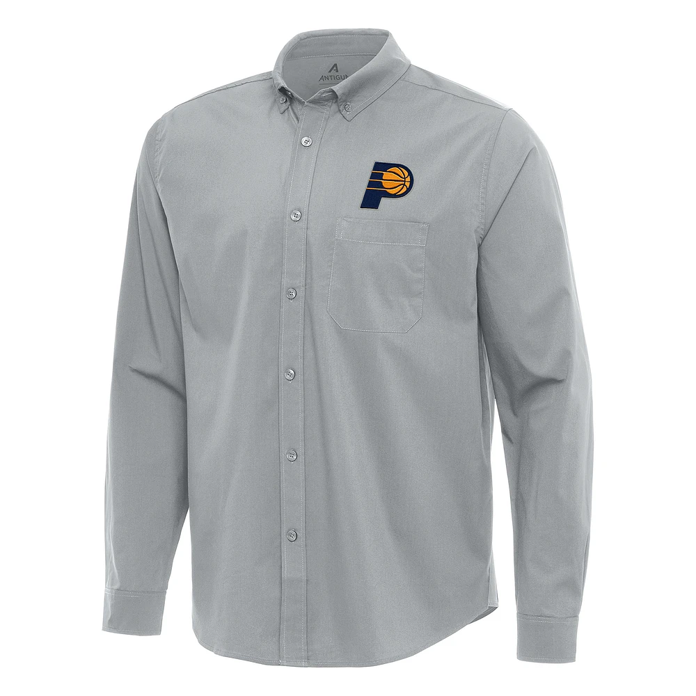 Men's Antigua Gray Indiana Pacers Flight Woven Tri-Blend Long Sleeve Button-Down Shirt