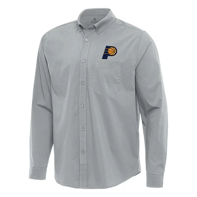 Men's Antigua Gray Indiana Pacers Flight Woven Tri-Blend Long Sleeve Button-Down Shirt