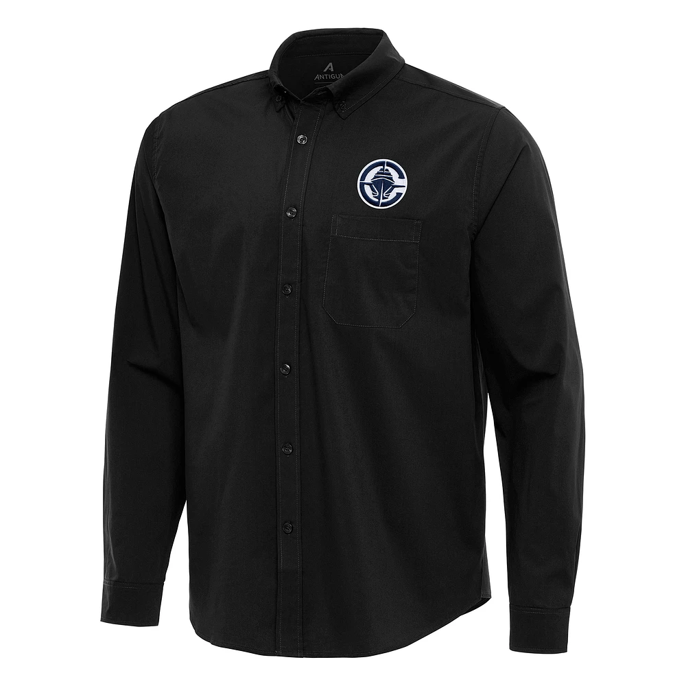 Men's Antigua Black LA Clippers Flight Woven Tri-Blend Long Sleeve Button-Down Shirt