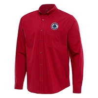 Men's Antigua Red LA Clippers Flight Woven Tri-Blend Long Sleeve Button-Down Shirt
