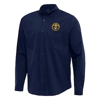 Men's Antigua Navy Denver Nuggets Flight Woven Tri-Blend Long Sleeve Button-Down Shirt