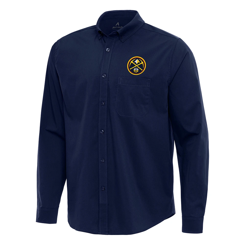 Men's Antigua Navy Denver Nuggets Flight Woven Tri-Blend Long Sleeve Button-Down Shirt