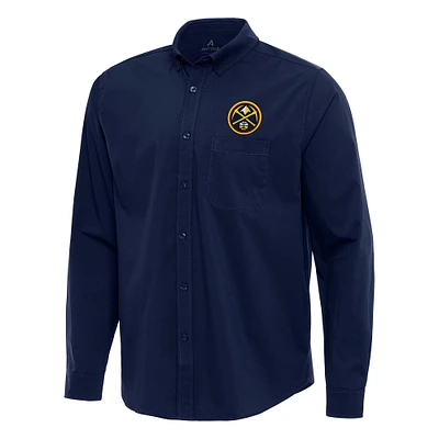 Men's Antigua Navy Denver Nuggets Flight Woven Tri-Blend Long Sleeve Button-Down Shirt