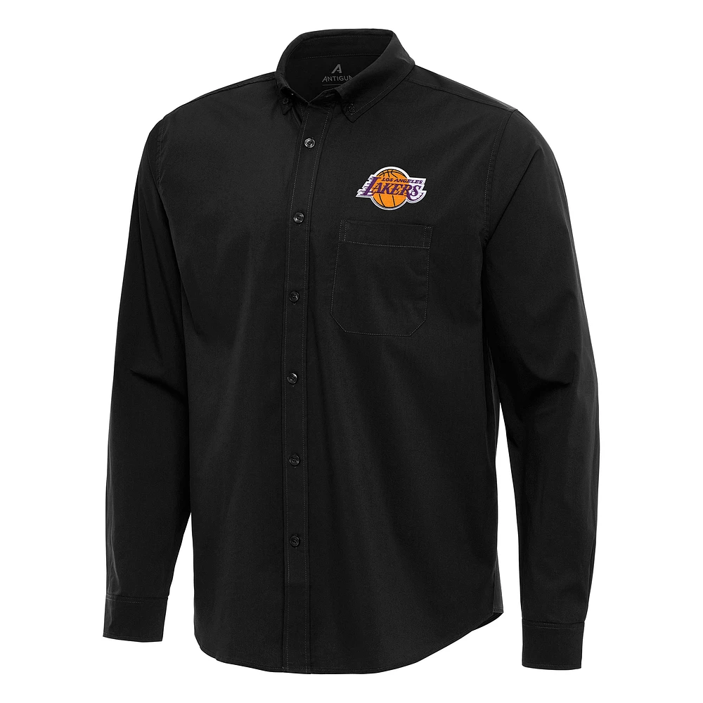 Men's Antigua Black Los Angeles Lakers Flight Woven Tri-Blend Long Sleeve Button-Down Shirt