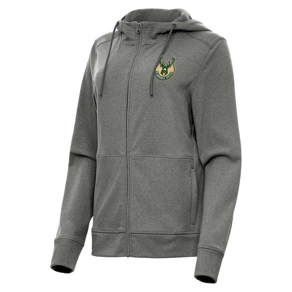 Women's Antigua Heather Charcoal Milwaukee Bucks Seeker Full-Zip Hoodie Jacket