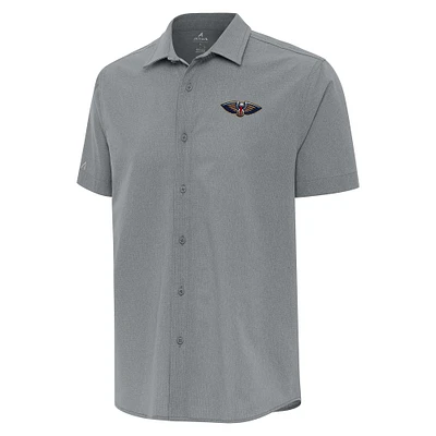 Men's Antigua  Gray New Orleans Pelicans Activate Woven Short Sleeve Button-Up Shirt