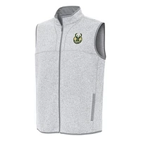 Men's Antigua Heather Gray Milwaukee Bucks Fortune Full-Zip Vest
