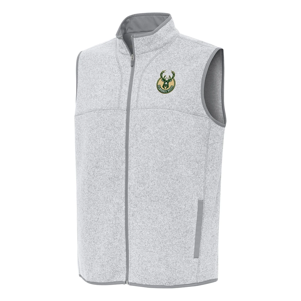 Men's Antigua Heather Gray Milwaukee Bucks Fortune Full-Zip Vest