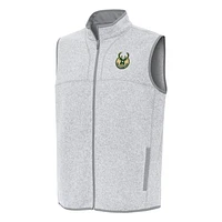 Men's Antigua Heather Gray Milwaukee Bucks Fortune Full-Zip Vest