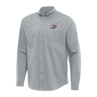Men's Antigua Gray Oklahoma City Thunder Flight Woven Tri-Blend Long Sleeve Button-Down Shirt
