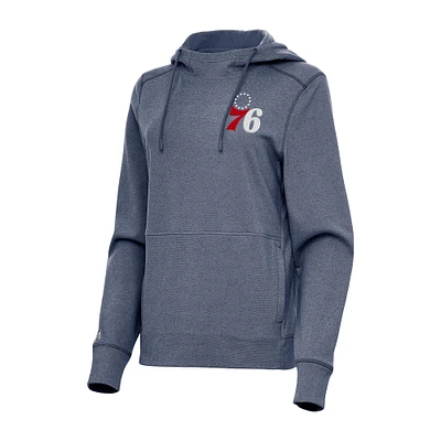 Women's Antigua Heather Navy Philadelphia 76ers Justice Pullover Hoodie