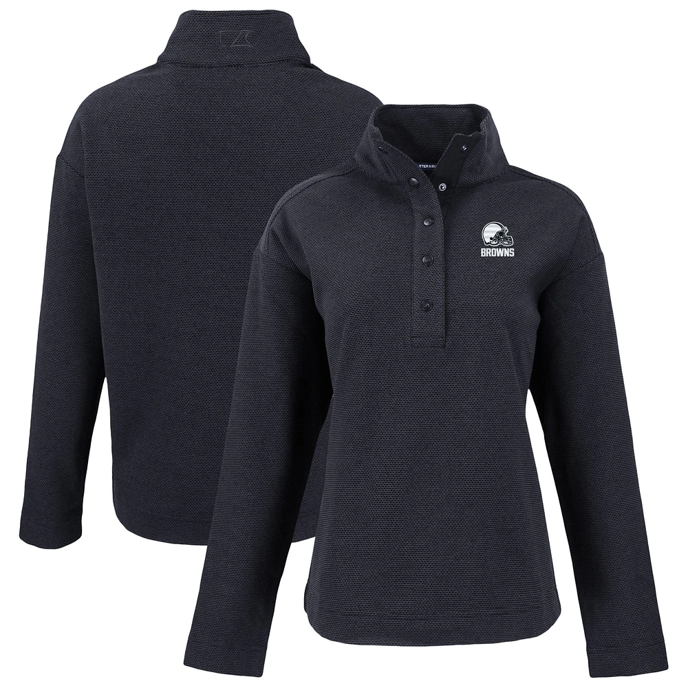 Women's Cutter & Buck Black Cleveland Browns Hunts Point Eco Textured Fleece Recycled Quarter-Snap Pullover