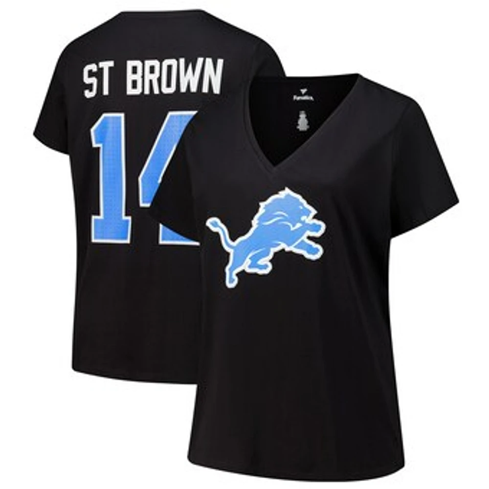 Women's Fanatics Amon-Ra St. Brown Black Detroit Lions Plus Player Name & Number V-Neck T-Shirt