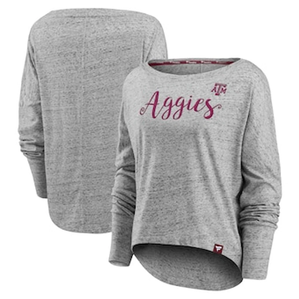 Women's Fanatics Gray Texas A&M Aggies Iconic Speckled Boat Neck Long Sleeve T-Shirt