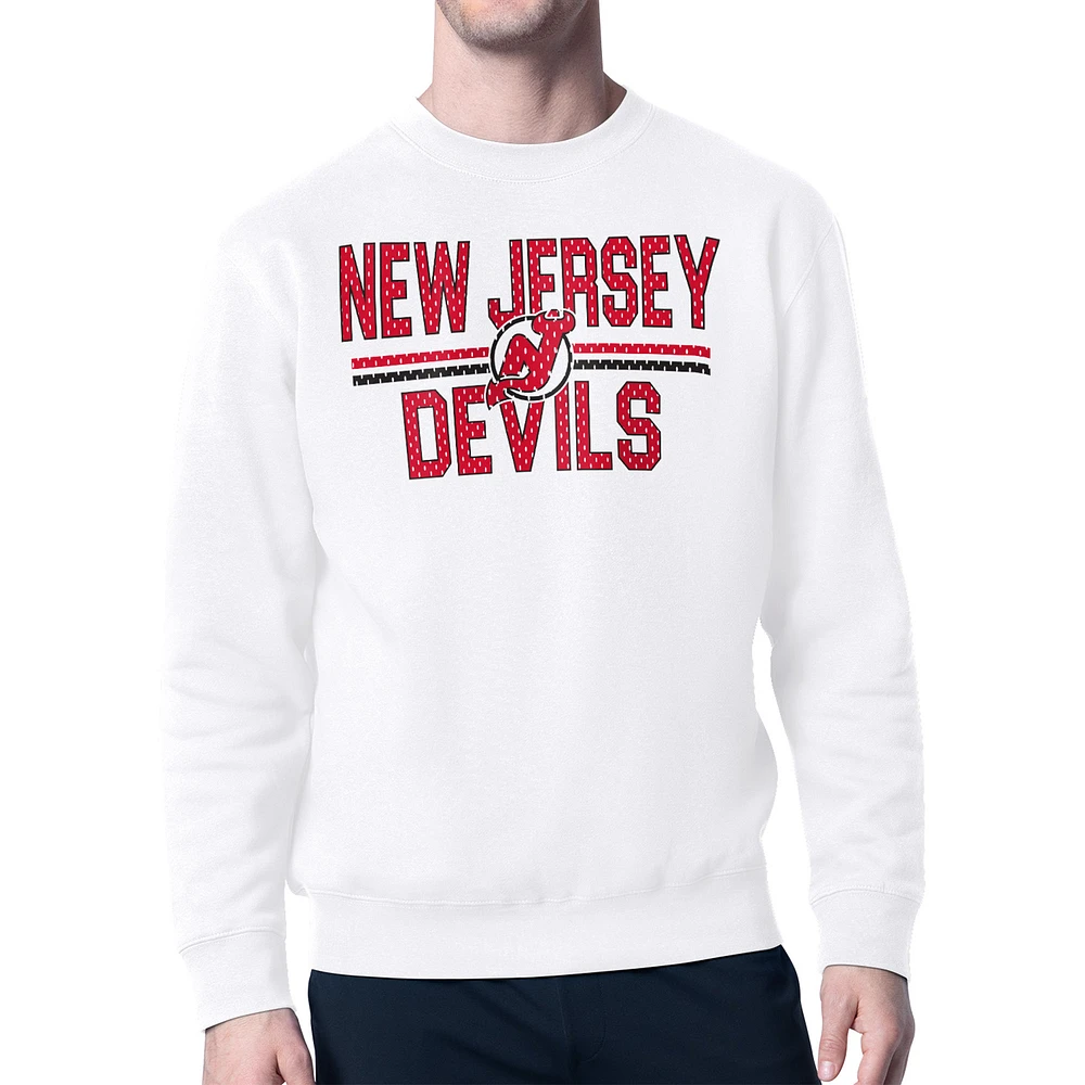 Men's Starter White New Jersey Devils Mesh Look Team Name Logo Pullover Sweatshirt