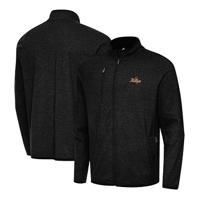 Men's Antigua Heather Black Tulsa Golden Hurricane Hold-Up Tri-Blend Full-Zip Jacket