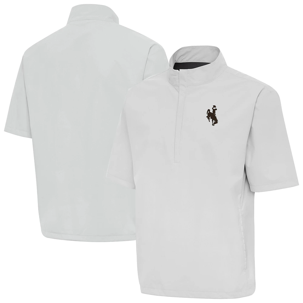 Men's Antigua Gray Wyoming Cowboys Brisk Short Sleeve Quarter-Zip Windshirt