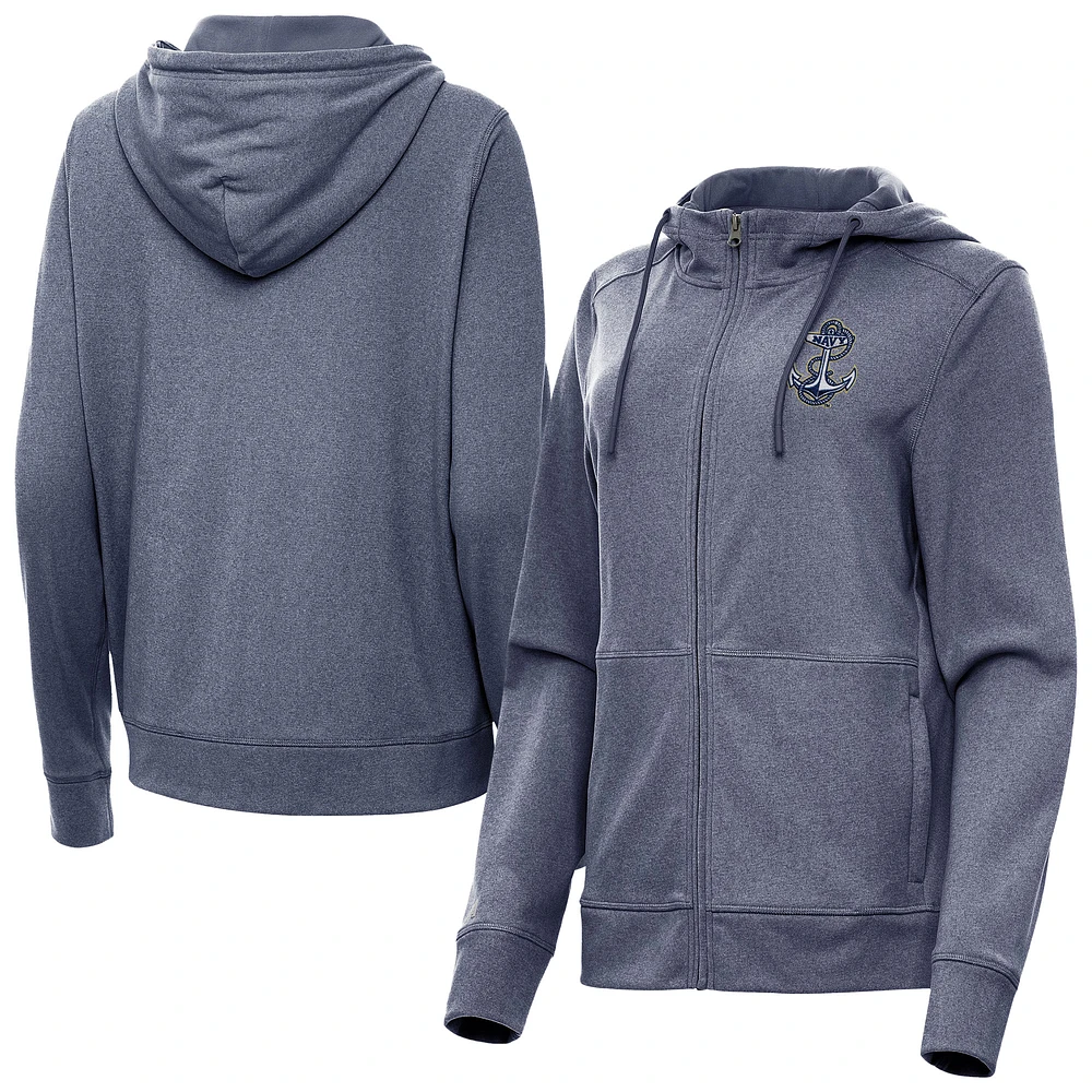 Women's Antigua Heather Navy Midshipmen Seeker Full-Zip Hoodie Jacket
