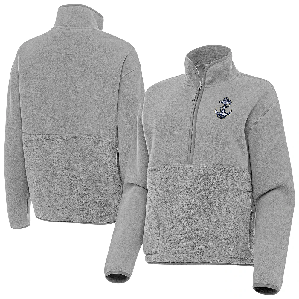 Women's Antigua Gray Navy Midshipmen Figure Half-Zip Pullover Jacket