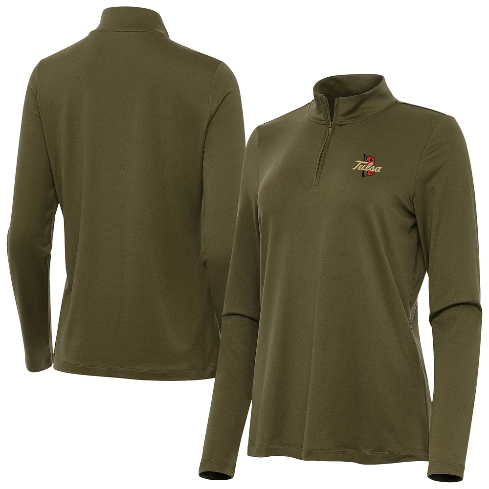 Women's Antigua Olive Tulsa Golden Hurricane Reprocess Quarter-Zip Top