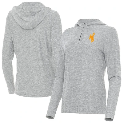 Women's Antigua  Heather Gray Wyoming Cowboys Daybreak Quarter-Zip Hoodie