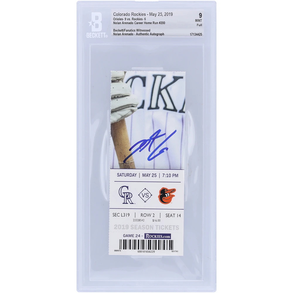 Nolan Arenado Colorado Rockies Autographed Beckett Fanatics Witnessed Authenticated 9 Ticket from May 25, 2019 - 200th Career Home Run