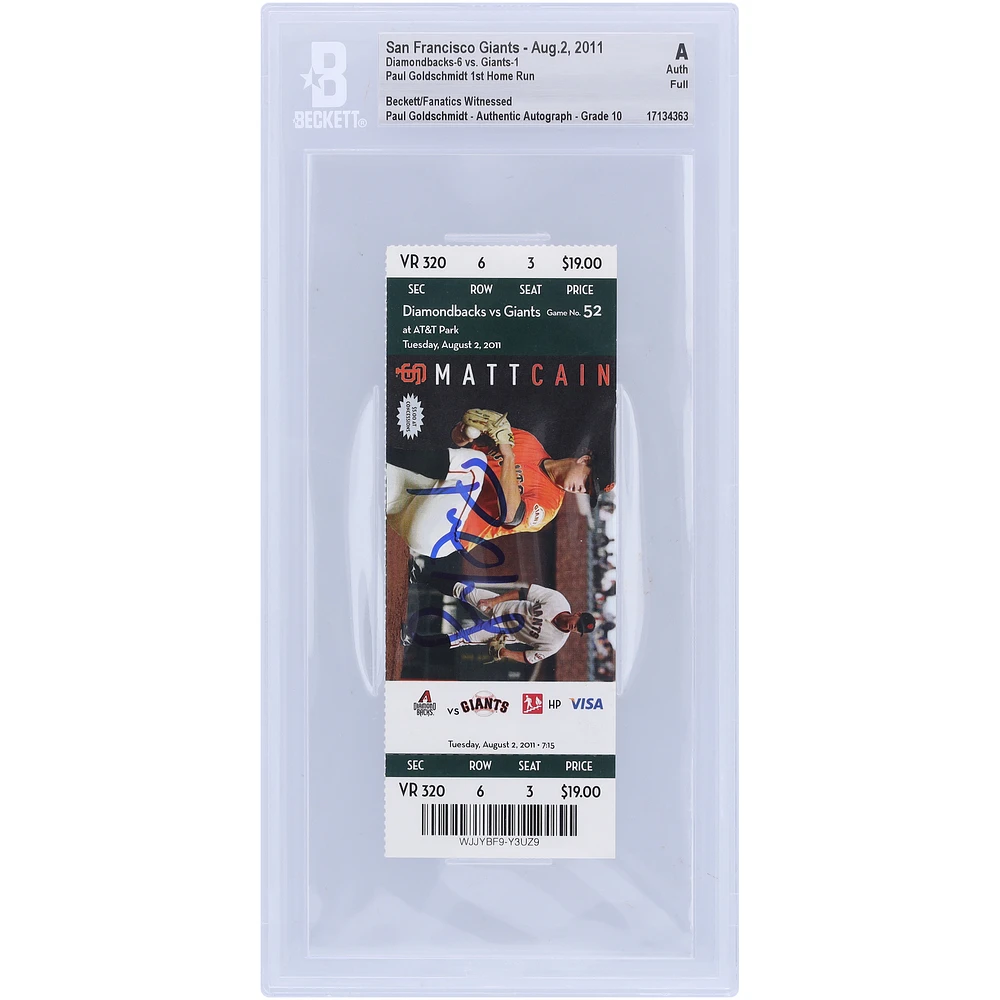 Paul Goldschmidt Arizona Diamondbacks Autographed Beckett Fanatics Witnessed Authenticated Auto 10 Ticket from August 2, 2011 - 1st Career Home Run