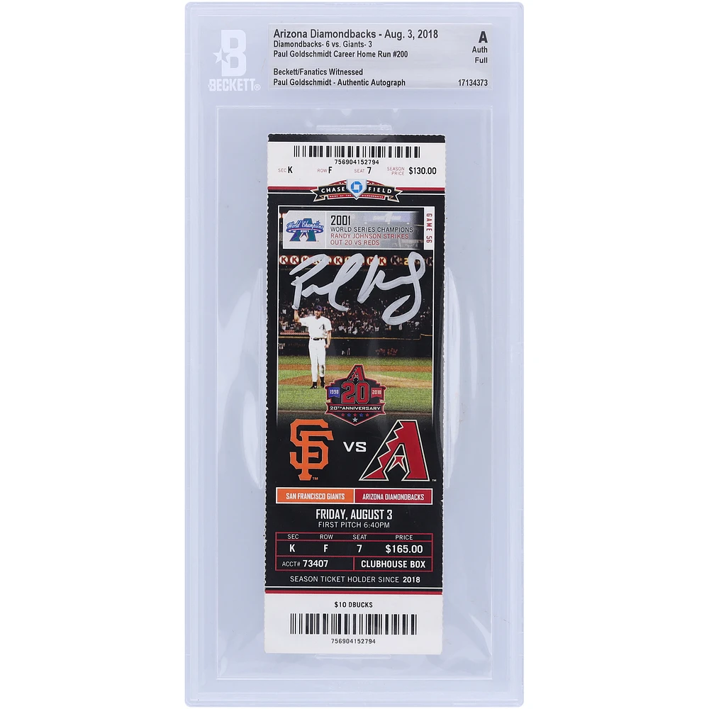 Paul Goldschmidt Arizona Diamondbacks Autographed Beckett Fanatics Witnessed Authenticated Ticket from August 3, 2018 - 200th Career Home Run