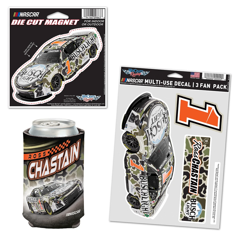 WinCraft Ross Chastain Busch Light Camo Can Cooler, Magnet & Three-Pack Fan Decal Set