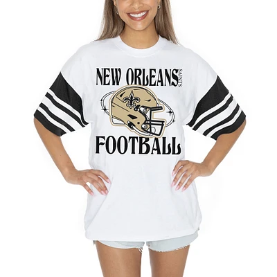 Women's Gameday Couture White New Orleans Saints Vintage Look Contrast Mesh Striped Raglan T-Shirt