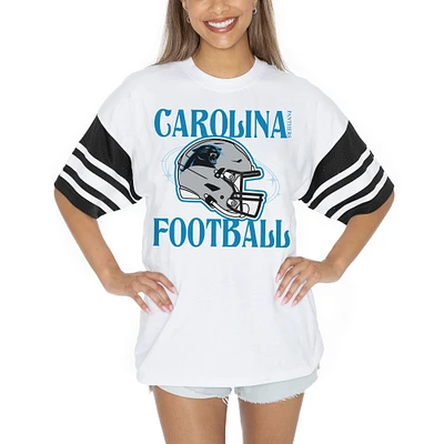 Women's Gameday Couture White Carolina Panthers Vintage Look Contrast Mesh Striped Raglan T-Shirt