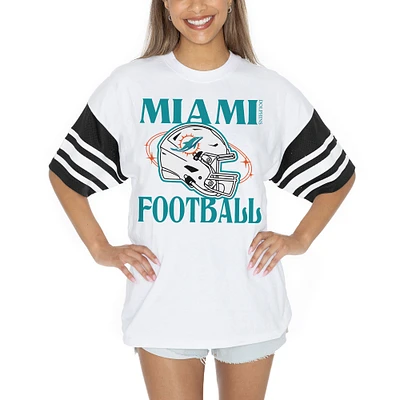 Women's Gameday Couture White Miami Dolphins Vintage Look Contrast Mesh Striped Raglan T-Shirt