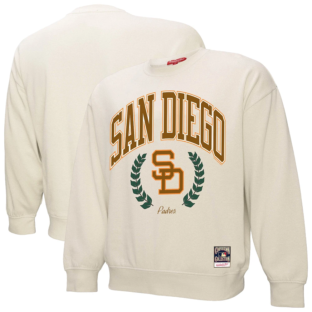 Women's Mitchell & Ness Cream San Diego Padres Cooperstown Collection Laurel Crew Pullover Sweatshirt