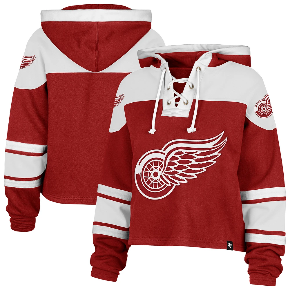 Women's '47 Red Detroit Wings Cropped Superior Lacer Pullover Hoodie